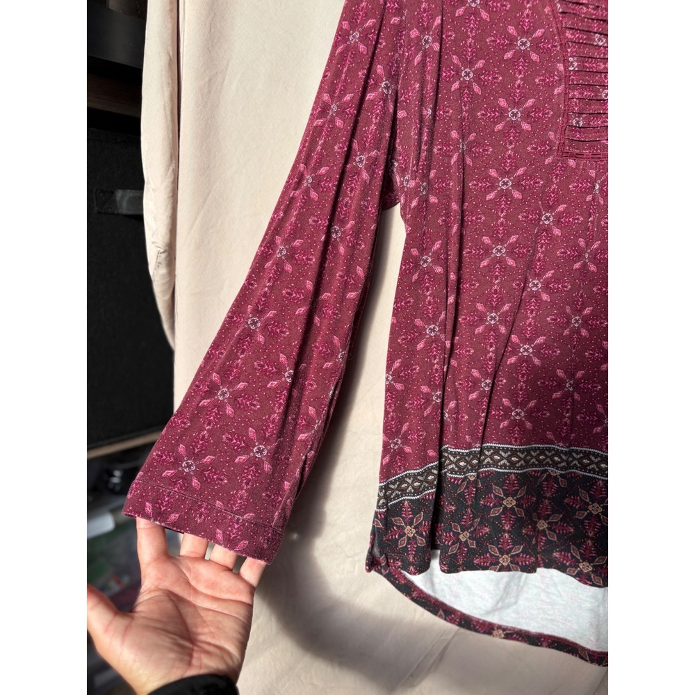 Daniel Rainn Women's XL Burgundy Floral Pintuck Pleat Split Neck Blouse - Picture 8 of 13